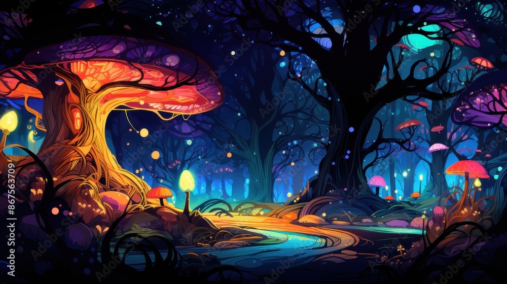 Fototapeta premium Magical Glowing Mushroom Forest at Night, Fantasy Landscape