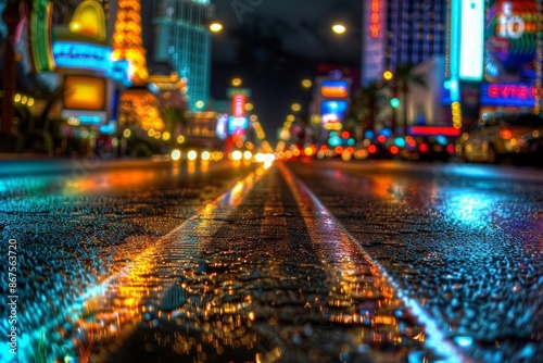 Nighttime Cityscape with Illuminated Streets and Neon Signs