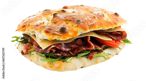  A delicious Italian focaccia sandwich overflowing with meats, cheese, and veggies, perfectly isolated on a transparent background 