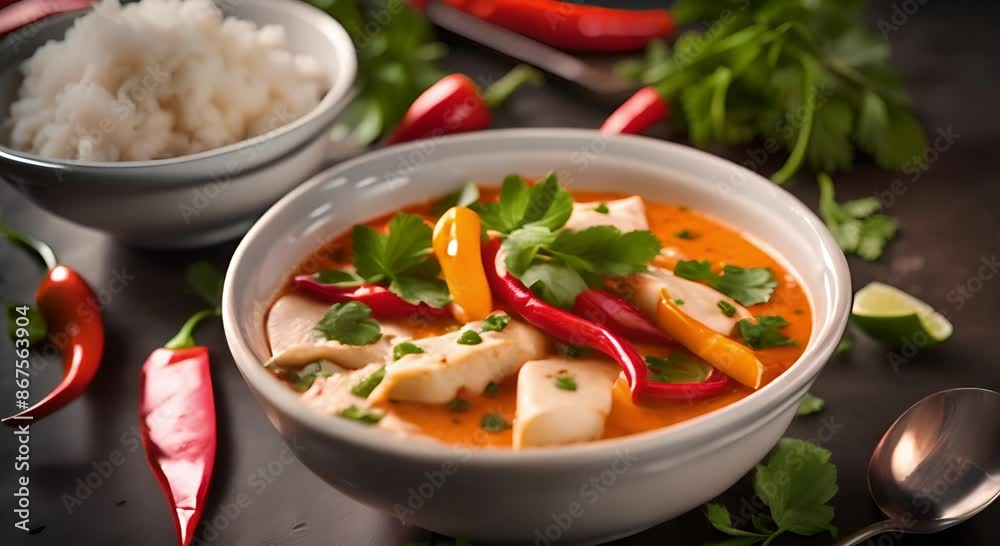 Brazilian white fish soup with sweet peppers, red coconut milk and coriander. Brazilian cuisine concept Brazilian white fish soup with sweet peppers, red coconut milk and coriander. Brazilian cuisine concept