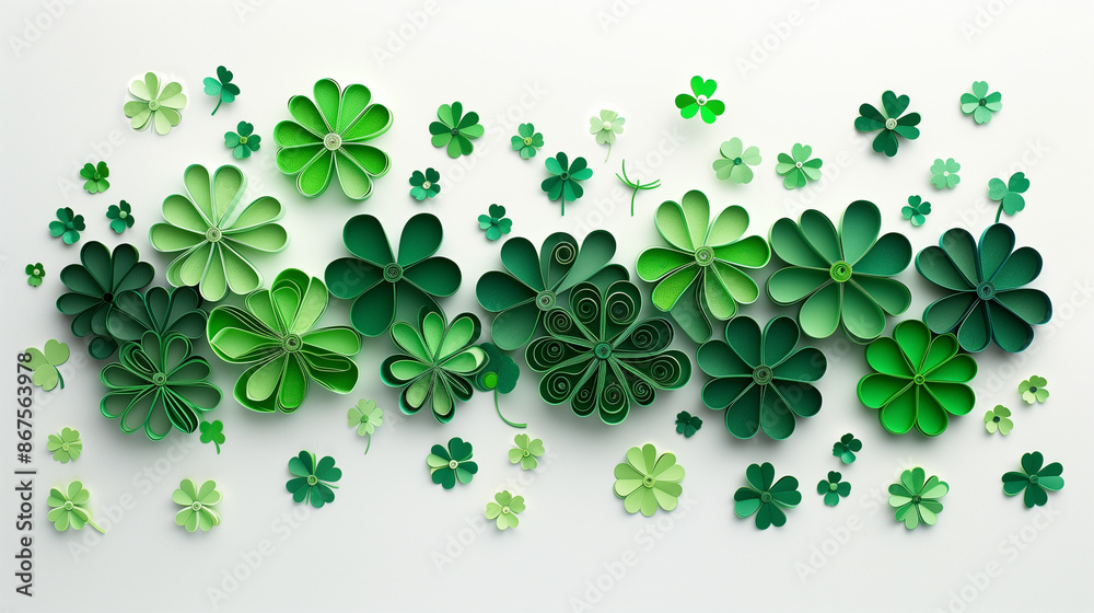 Paper craft green clovers arranged in a decorative pattern on white background Paper craft green clovers arranged in a decorative pattern on white background