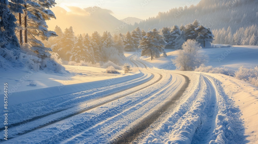 Obraz premium Frosty Winter Road Winding Through Snowy Hills at Sunrise