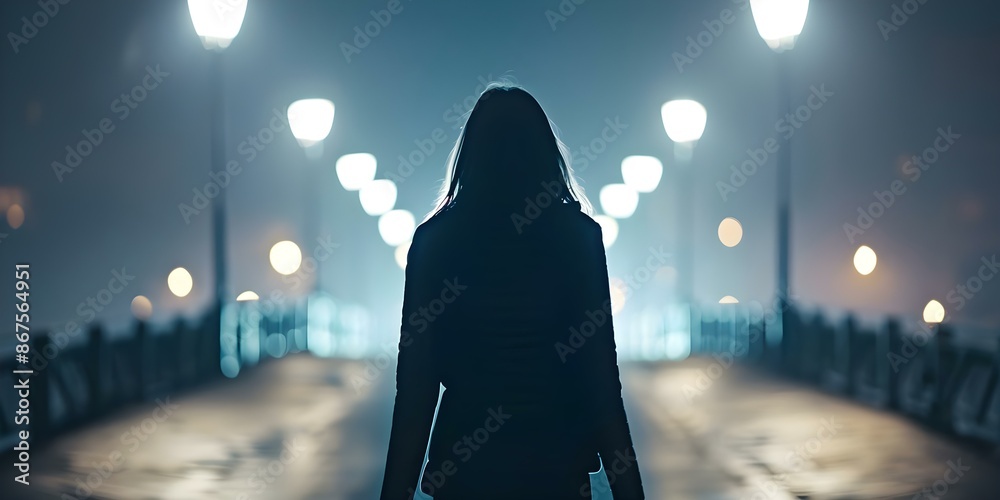 A young woman feeling scared and insecure while walking alone at night. Concept Fear, Insecurity, Loneliness, Night, Young Woman A young woman feeling scared and insecure while walking alone at night. Concept Fear, Insecurity, Loneliness, Night, Young Woman
