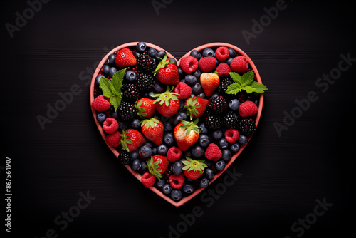Heart shaped bowl with berry fruit mix on dark background photo