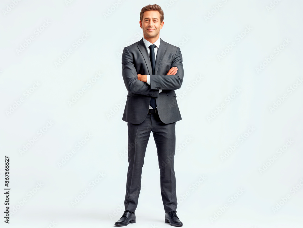 A confident man in a business suit stands with crossed arms on a plain background, concept of professionalism. Generative AI A confident man in a business suit stands with crossed arms on a plain background, concept of professionalism. Generative AI