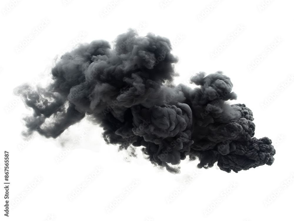 A billowing mass of black smoke against a white background, symbolizing pollution or disaster. Generative AI A billowing mass of black smoke against a white background, symbolizing pollution or disaster. Generative AI