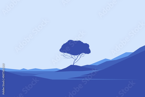 minimalist landscape poster with lonely tree on island against mountain. wild nature scene hand drawn painting. lake and cliffs at twilight art wallpaper for prints and decoration. vector illustration