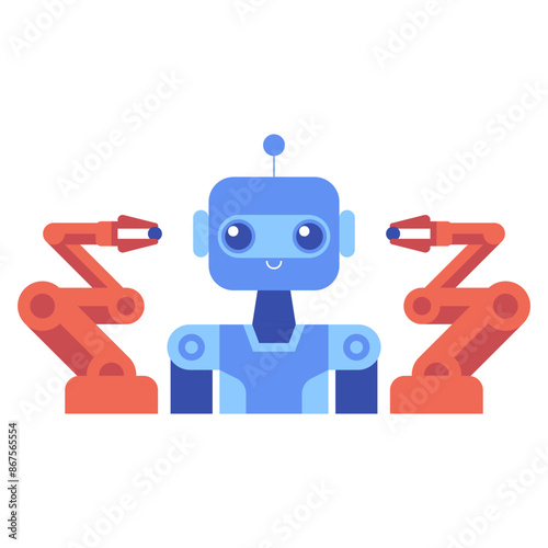 Robot arm in industrial automation technology logo design. Smart industrial revolution 4.0 in factory process, Isolated flat illustration. High Tech Industrial vector infographic