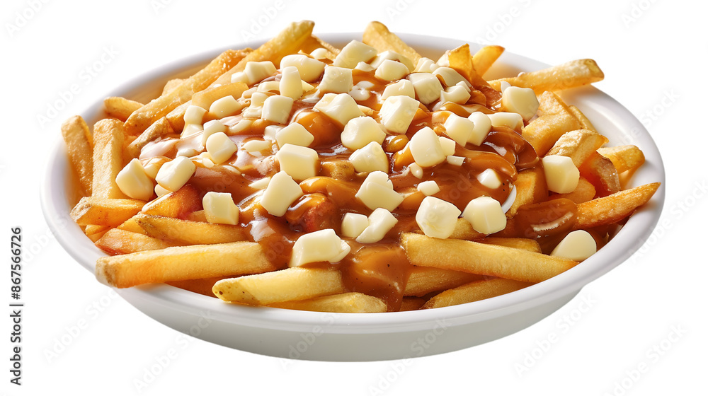 A delicious serving of classic poutine, golden fries smothered in rich gravy and topped with cheese curds, isolated on a transparent background A delicious serving of classic poutine, golden fries smothered in rich gravy and topped with cheese curds, isolated on a transparent background