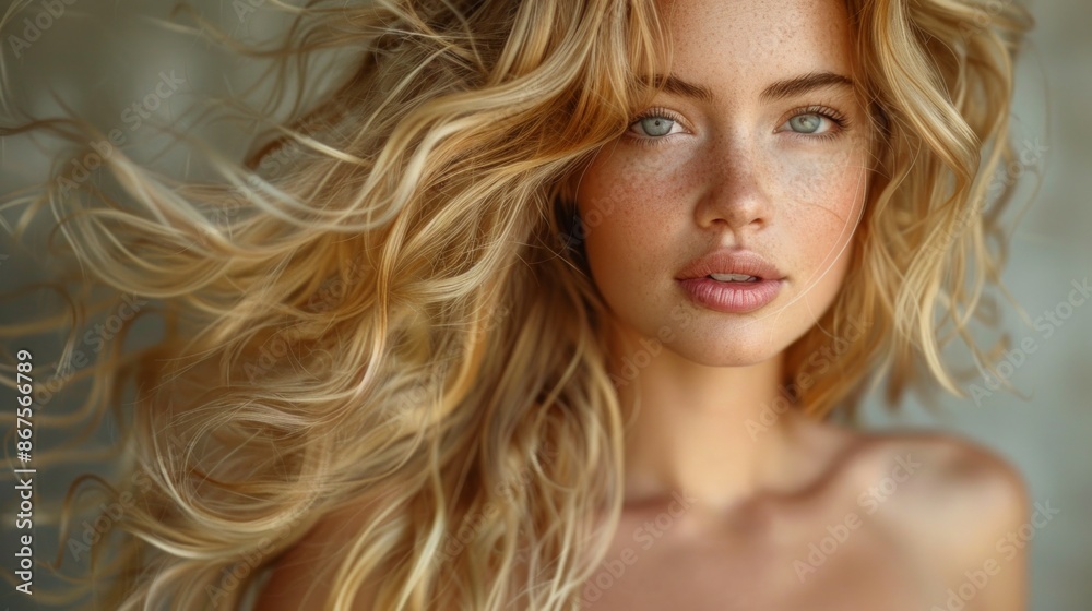 Fototapeta premium A Blonde Beauty With Wavy Hair Gazes Intently, Bathed in Soft Light. Generative AI