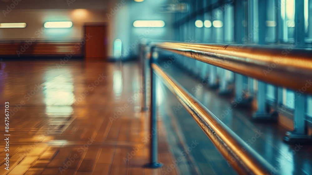 Empty dance hall with close up handrail in view Empty dance hall with close up handrail in view