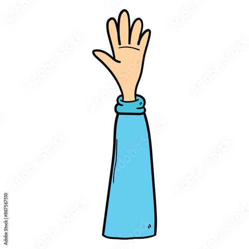 Hand drawn cartoon waving hand, gesture of goodbye or hello on white background. Body language concept.