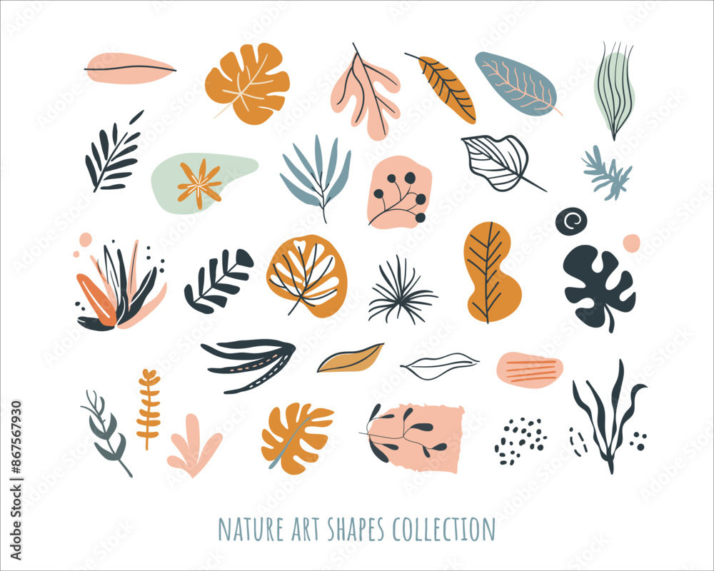 Abstract hand drawn floral shapes. Simple organic forms. Modern art simple elements. Trendy graphic plant doodles. Minimalist textured decorations. Vector eps 10