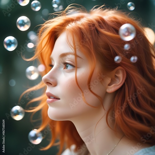 Magical light reflects strokes portrait of a red haired person, motion blur lights, side view, bubbles around her