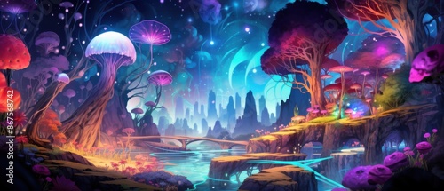 Fantasy landscape with glowing mushrooms, magical portal, and enchanted forest at night. Digital art of a fairytale world, perfect for book cover or video game background.