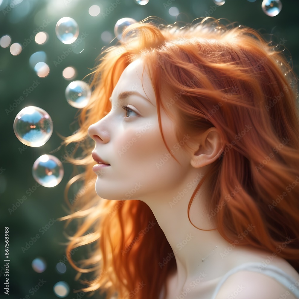 Magical light reflects strokes portrait of a red haired person, motion blur lights, side view, bubbles around her Magical light reflects strokes portrait of a red haired person, motion blur lights, side view, bubbles around her
