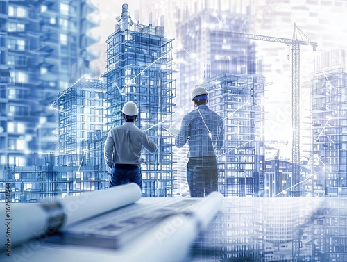 A scene capturing two architects discussing blueprints with a city construction site background, perfect for abstract professional wallpaper