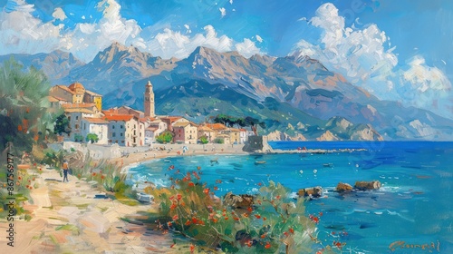 Small Mediterranean Town with Mountain Backdrop in Beautiful Summer Weather - Oil Painting