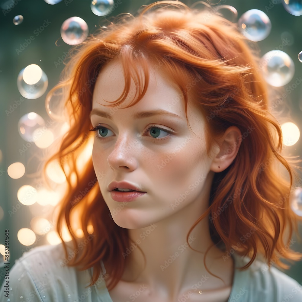Magical light reflects strokes portrait of a red haired person, motion blur lights, side view, bubbles around her Magical light reflects strokes portrait of a red haired person, motion blur lights, side view, bubbles around her