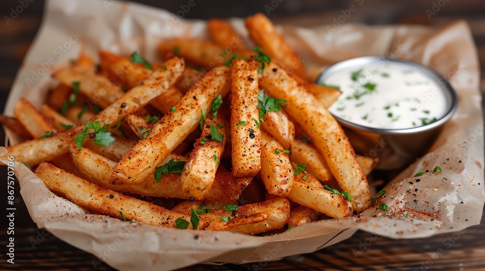 Spicy Cajun fries with a zesty seasoning, served in a rustic basket with a side of ranch dressing Spicy Cajun fries with a zesty seasoning, served in a rustic basket with a side of ranch dressing