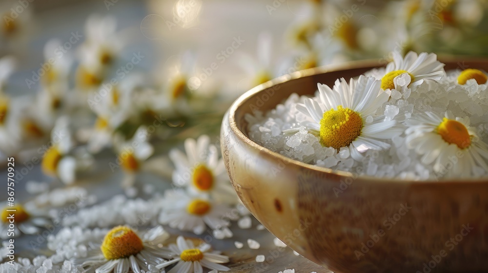 Spa sea salt infused with chamomile extract in focused imagery