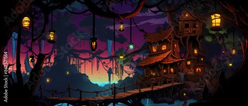 Enchanted Swamp Hut. Vibrant Illustration of Fantasy Village