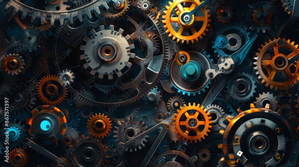 Industrial Gear Mechanism: Close-up of Complex Metal Gears and Cogs in a Dark Background Industrial Gear Mechanism: Close-up of Complex Metal Gears and Cogs in a Dark Background