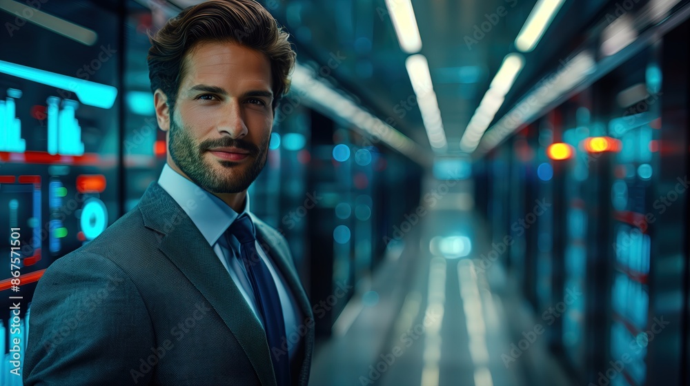 Confident Businessman in Data Center, Professional Portrait with Futuristic Background, Space For Copy Text
Confident Businessman in Data Center, Professional Portrait with Futuristic Background, Space For Copy Text