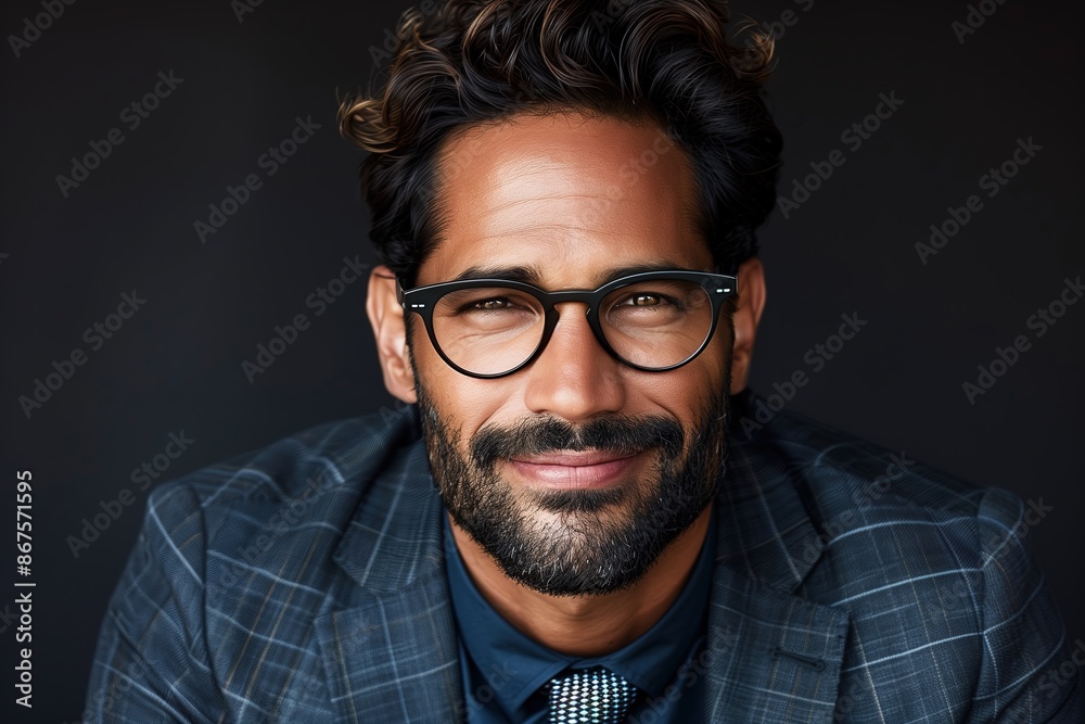 Smiling Businessman with Glasses and Beard in Plaid Suit, Professional Portrait
Smiling Businessman with Glasses and Beard in Plaid Suit, Professional Portrait