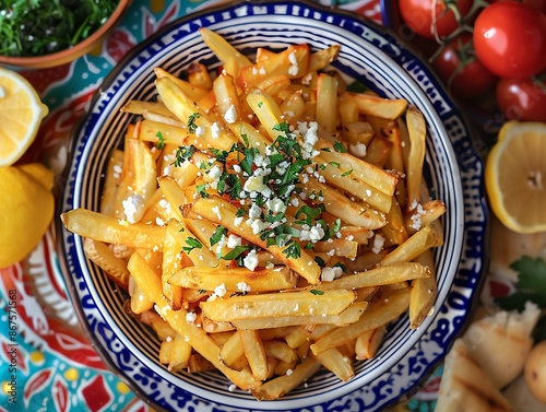 Greek-style fries with feta cheese, oregano, and lemon zest, styled on a vibrant Mediterranean-themed table photo