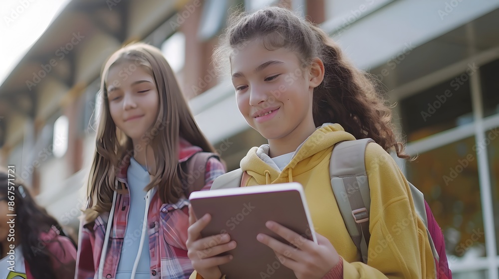 Cheerful Diverse Female Students Using Tablet on School Campus Cheerful Diverse Female Students Using Tablet on School Campus