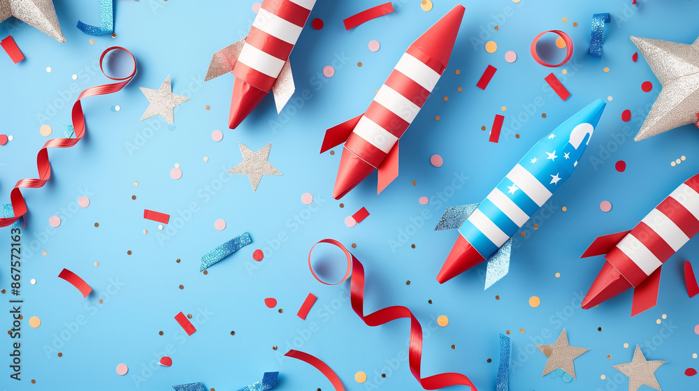 Obraz premium Colorful festive rockets and stars on a blue background with confetti