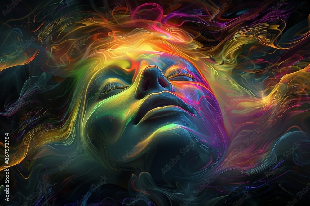 Obraz premium Vibrant Abstract Portrait with Colorful Swirls and a Serene Expression