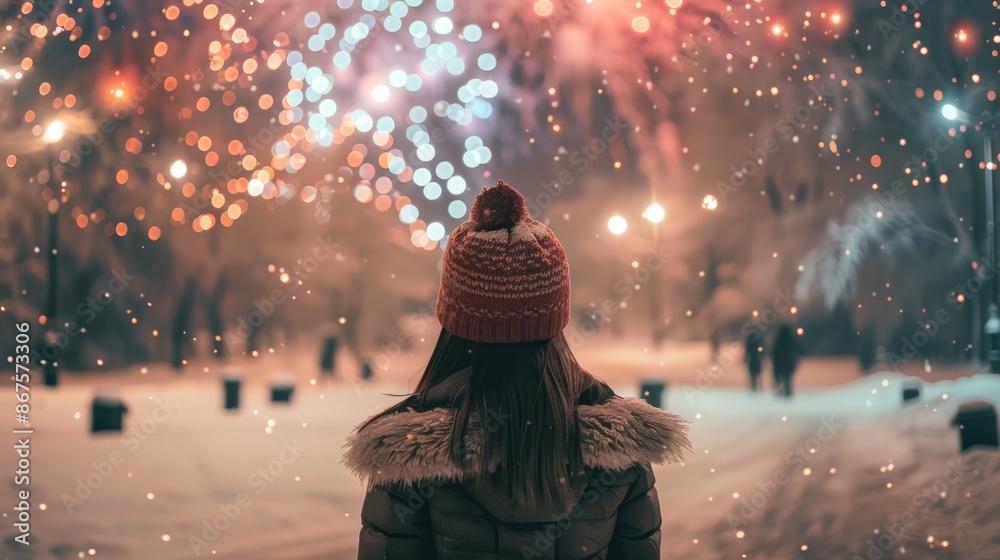 Woman in a snowy park, mesmerized by a spectacular New Year fireworks show, captured from behind, showcasing the festive and magical atmosphere Woman in a snowy park, mesmerized by a spectacular New Year fireworks show, captured from behind, showcasing the festive and magical atmosphere