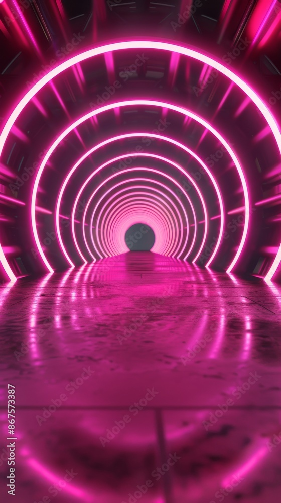 Futuristic neon pink tunnel with circular lights Futuristic neon pink tunnel with circular lights