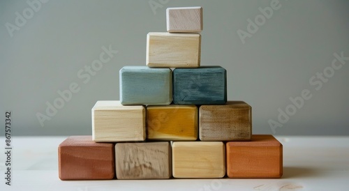 Colorful Wooden Blocks Stacked in Pyramid Shape on Wooden Tabletop