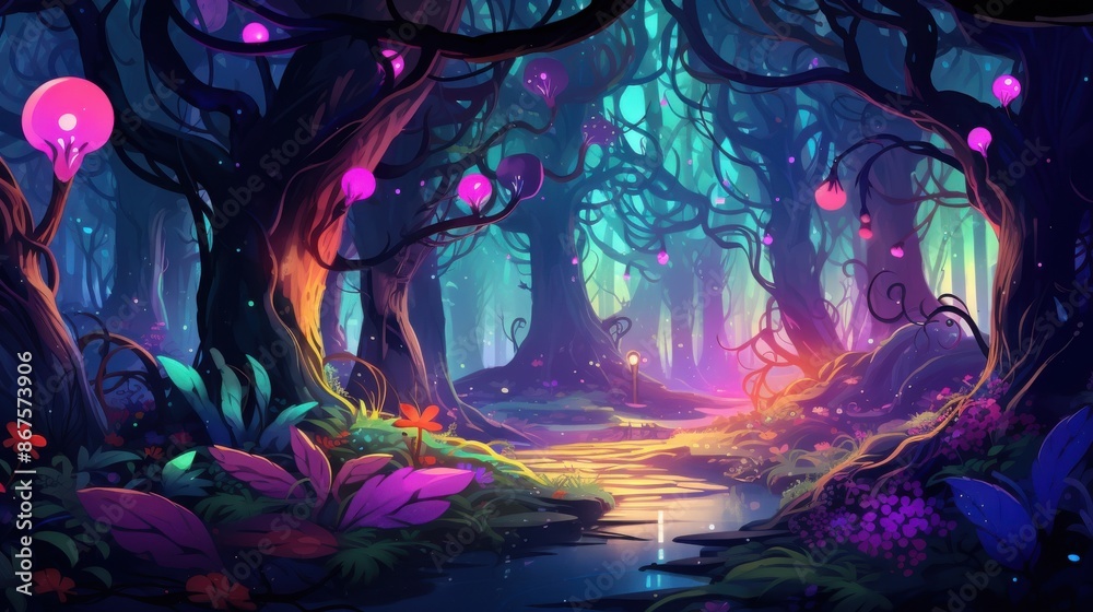 Fototapeta premium Magical Enchanted Forest with Glowing Plants and a Winding Stream, Fantasy Landscape Illustration