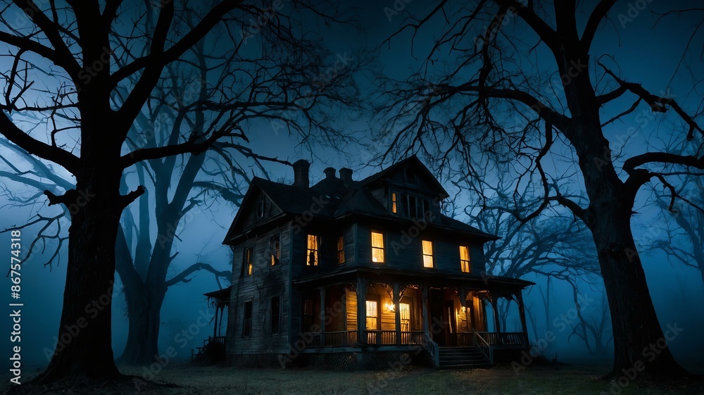 Spooky, two-story haunted house with lit windows stands alone in foggy forest under full moon. Halloween holiday Spooky, two-story haunted house with lit windows stands alone in foggy forest under full moon. Halloween holiday