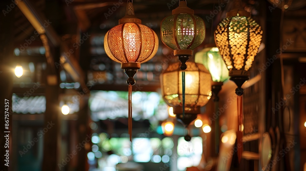 Fototapeta premium Antique Thai Lanterns Hanging in a Dimly Lit Elegant Interior