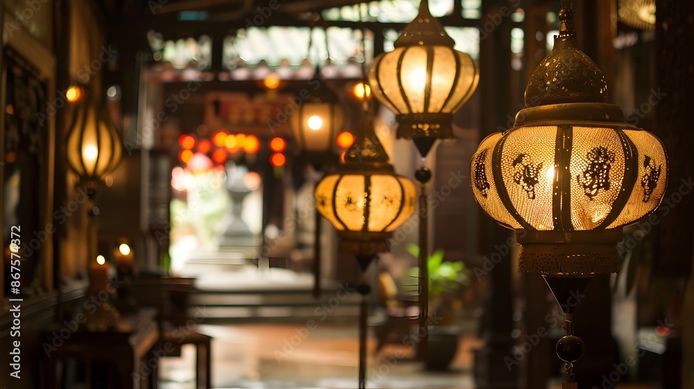 Antique Thai Lanterns Casting Warm Glow in Dimly Lit Room Antique Thai Lanterns Casting Warm Glow in Dimly Lit Room