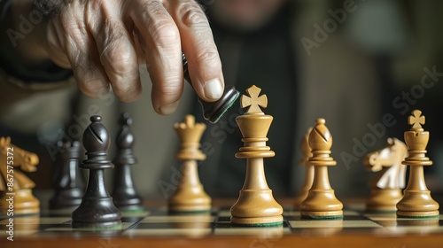 Fingers Carefully Moving Chess Piece in Strategic Board Game