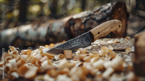 Bushcraft knife with wood shavings. Outdoor survival and woodworking concept. Design for poster, print, and banner photo