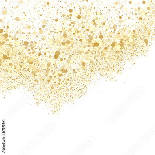 Sae sand gold confetti over white background. Vector stylish design. Summer sale banner background. Gold glitter circle grain confetti holiday backdrop. Festive design. Sea beach sand.