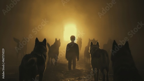 Silhouette of a boy and a pack of ferocious dogs, surreal concept with ethereal lighting and an intense, dreamlike atmosphere