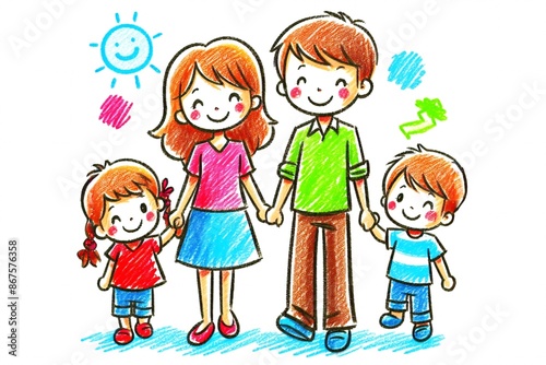 child drawing happy family white background son daughter mother father boy girl two parents