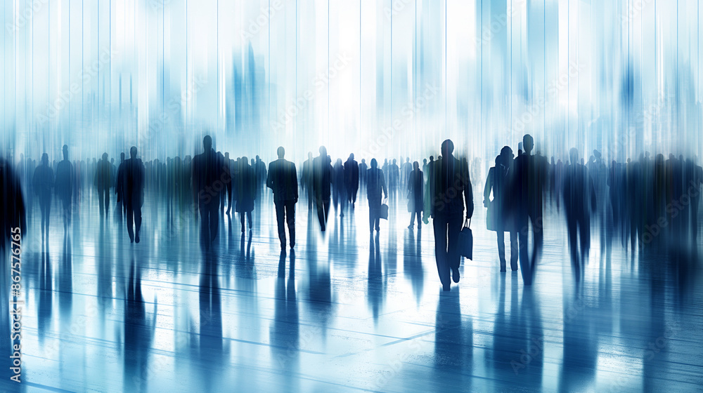 Fototapeta premium Silhouettes of people in motion blurred movement on a blue, artistic background representing urban life as a creative concept. Generative AI