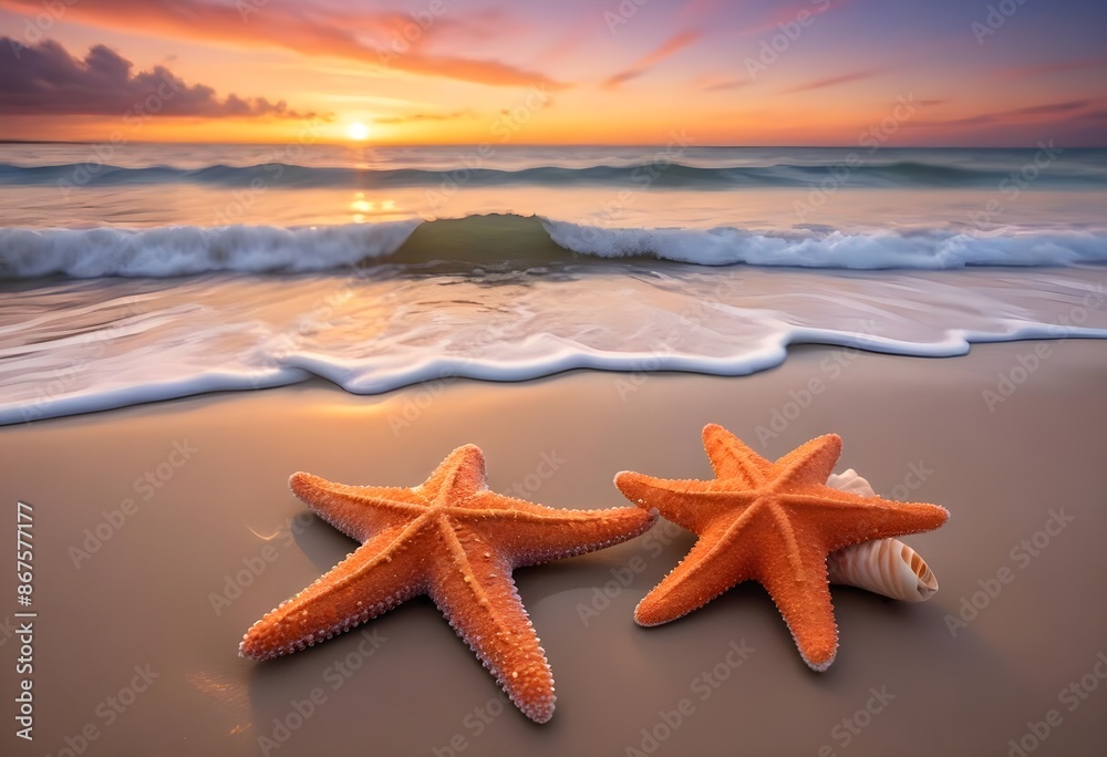A starfish and seashell on a beach at sunset, with the ocean waves in the background and a warm, colorful sky reflected in the water A starfish and seashell on a beach at sunset, with the ocean waves in the background and a warm, colorful sky reflected in the water