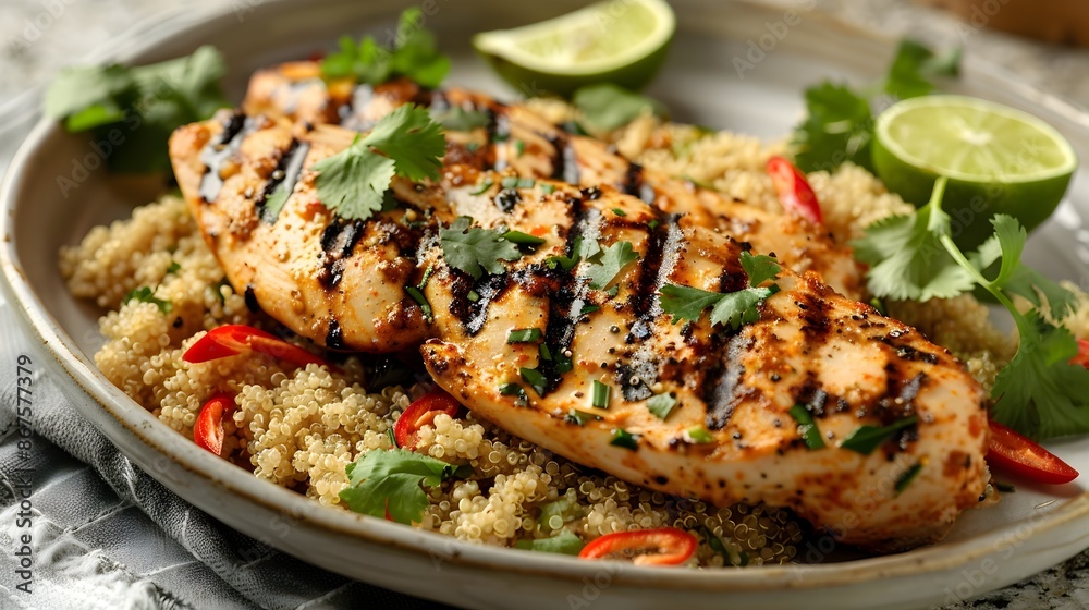 Grilled Thai Spiced Chicken Breast with Quinoa on Plate Grilled Thai Spiced Chicken Breast with Quinoa on Plate