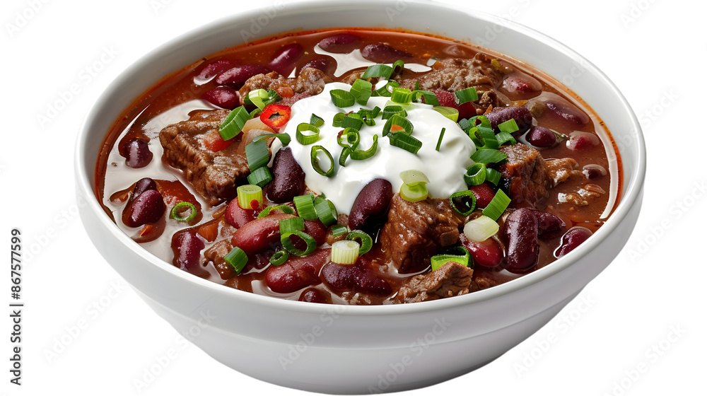 A flavorful beef chili with red kidney beans, topped with sour cream and green onions, on a transparent background A flavorful beef chili with red kidney beans, topped with sour cream and green onions, on a transparent background