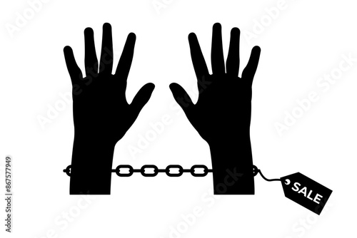 Vector illustration of slave hands tied with chains silhouette on transparent background